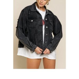 POL CLOTHING USA Black Destroyed Denim Jacket Relaxed Fit Star Embroidery Small